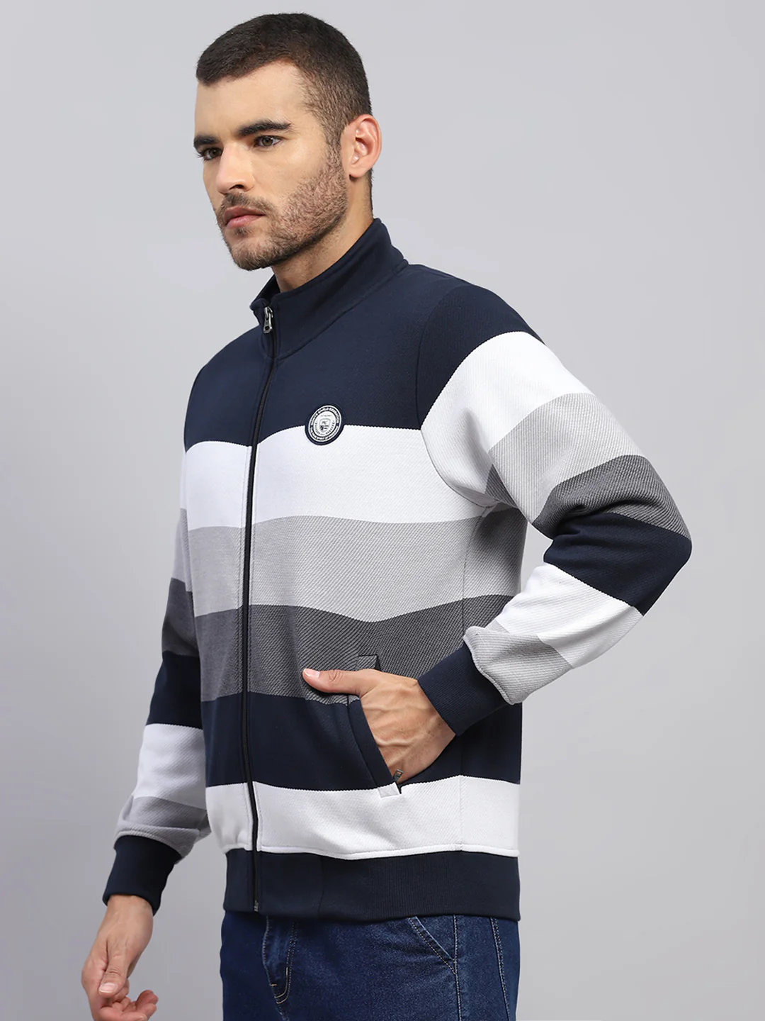 Men Navy Blue Self Design Hooded Full Sleeve Sweatshirt - Image 3