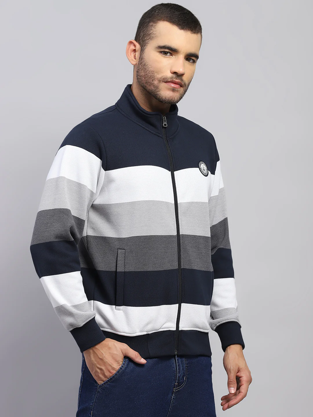 Men Navy Blue Self Design Hooded Full Sleeve Sweatshirt - Image 4