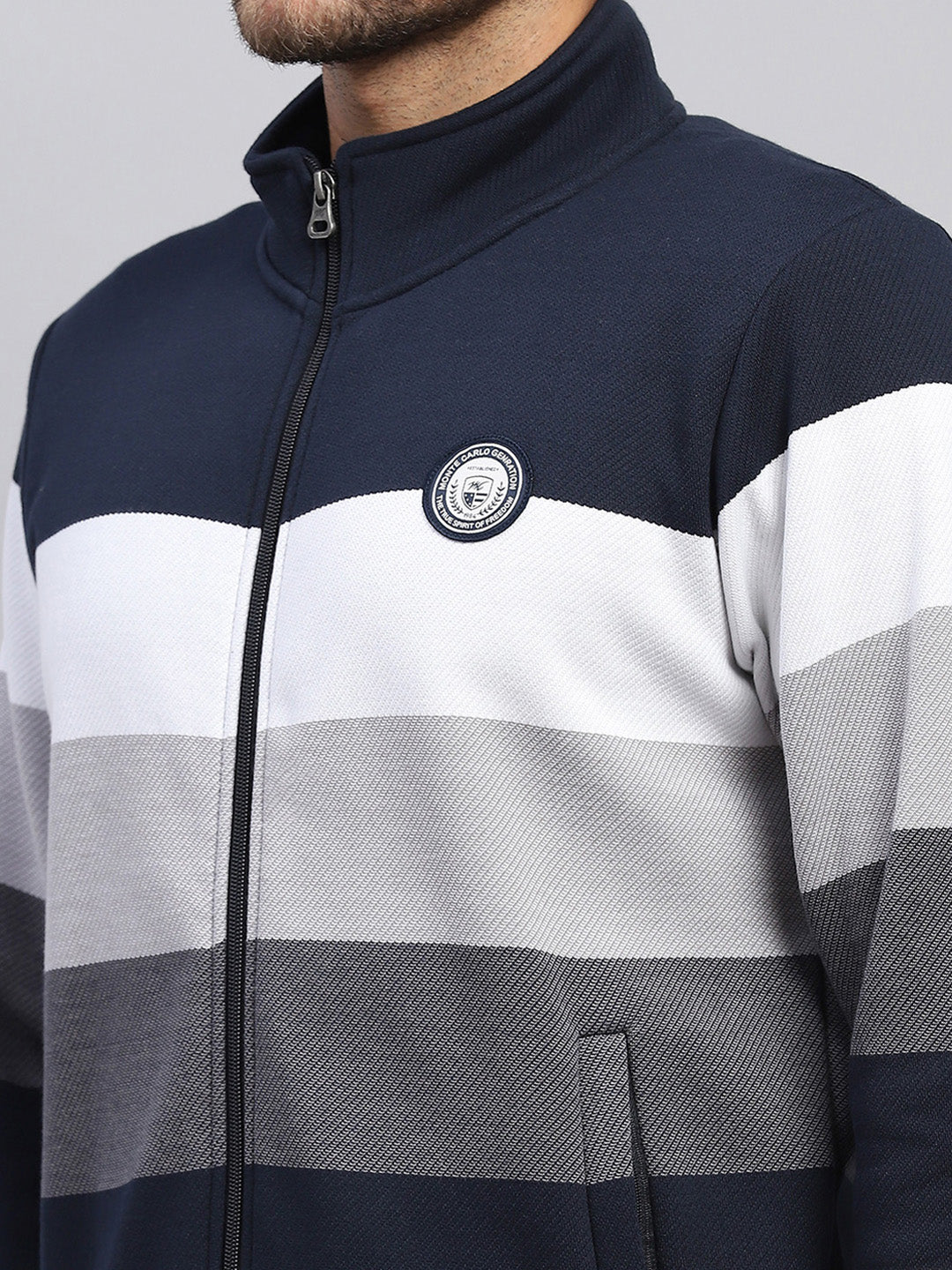 Men Navy Blue Self Design Hooded Full Sleeve Sweatshirt - Image 6