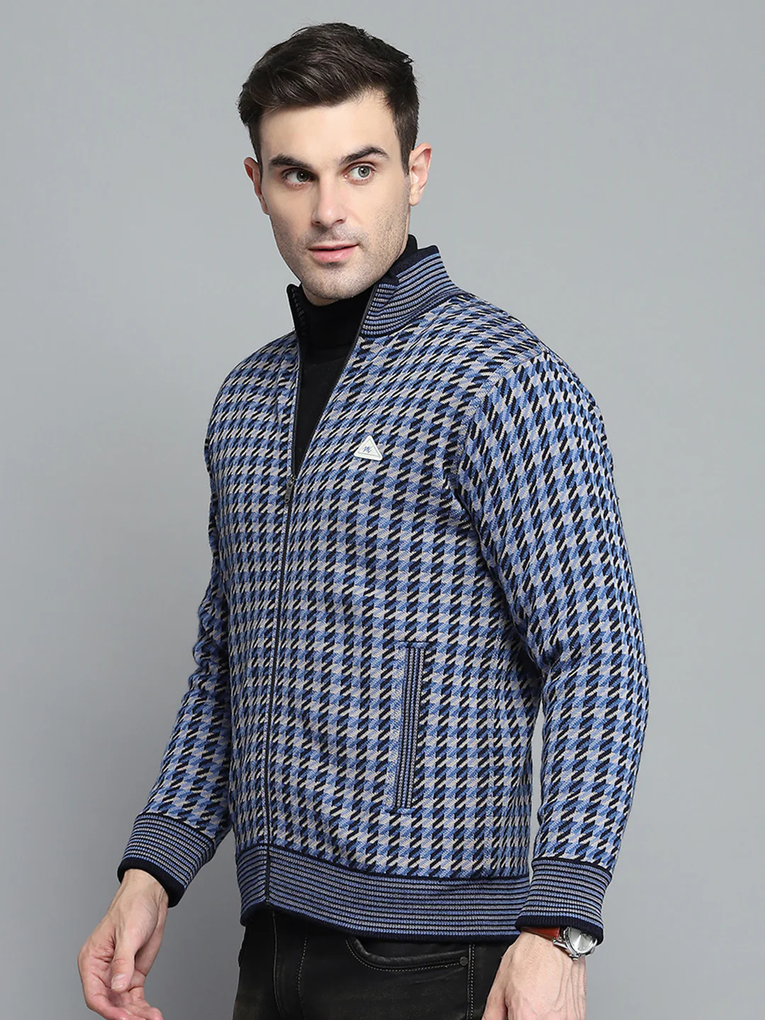 Men Navy Blue Self Design Mock Neck Full Sleeve Jacket - Image 3