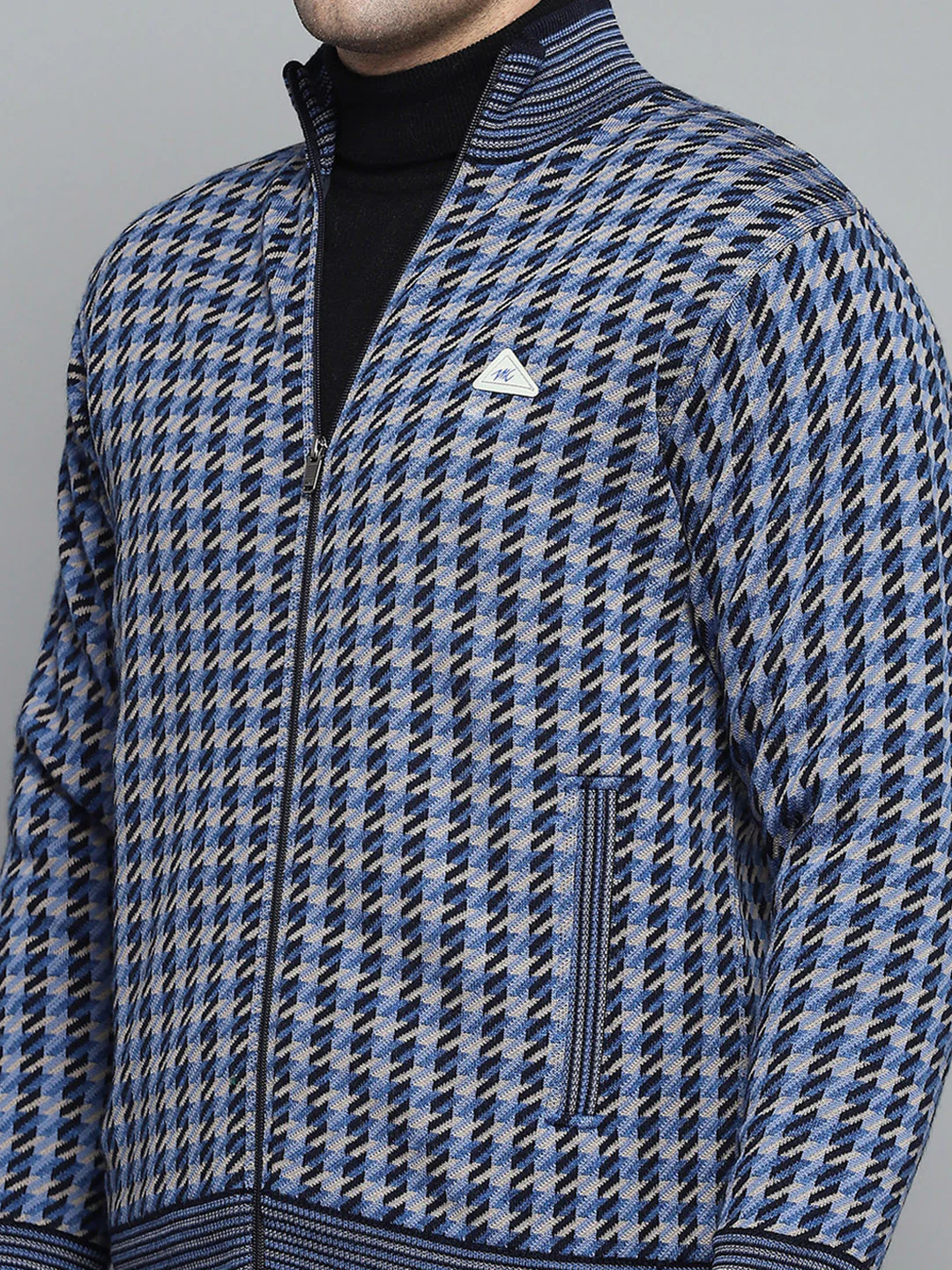 Men Navy Blue Self Design Mock Neck Full Sleeve Jacket - Image 6