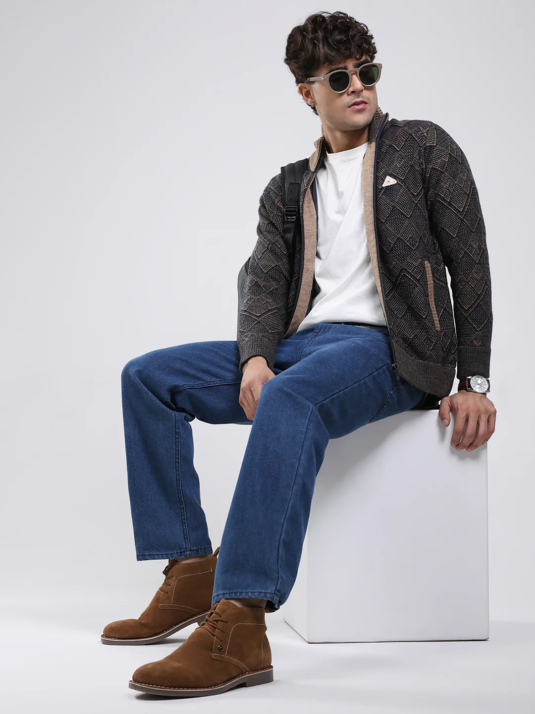 Men Navy Blue Self Design Mock Neck Full Sleeve Jacket - Image 2