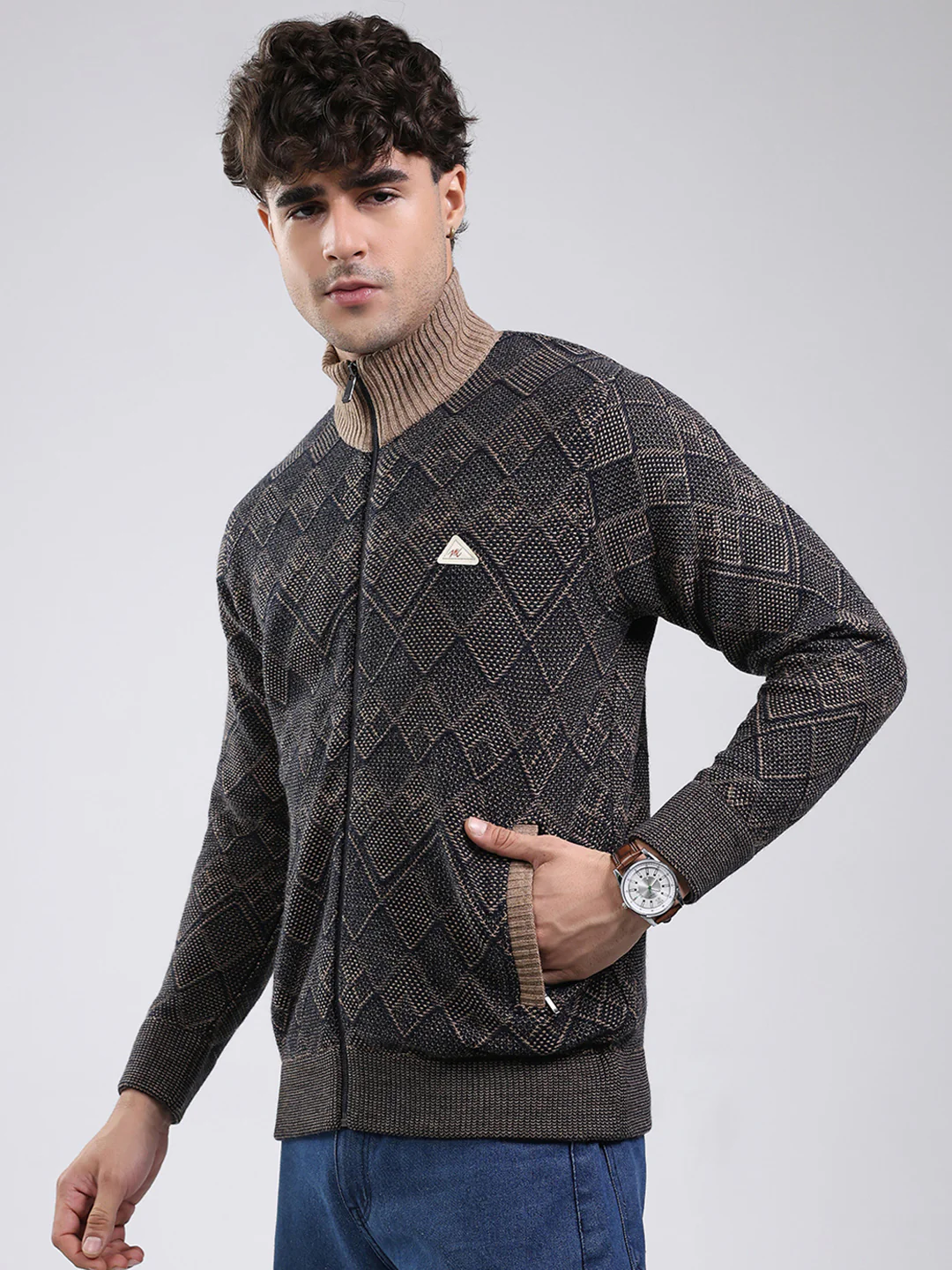 Men Navy Blue Self Design Mock Neck Full Sleeve Jacket - Image 3