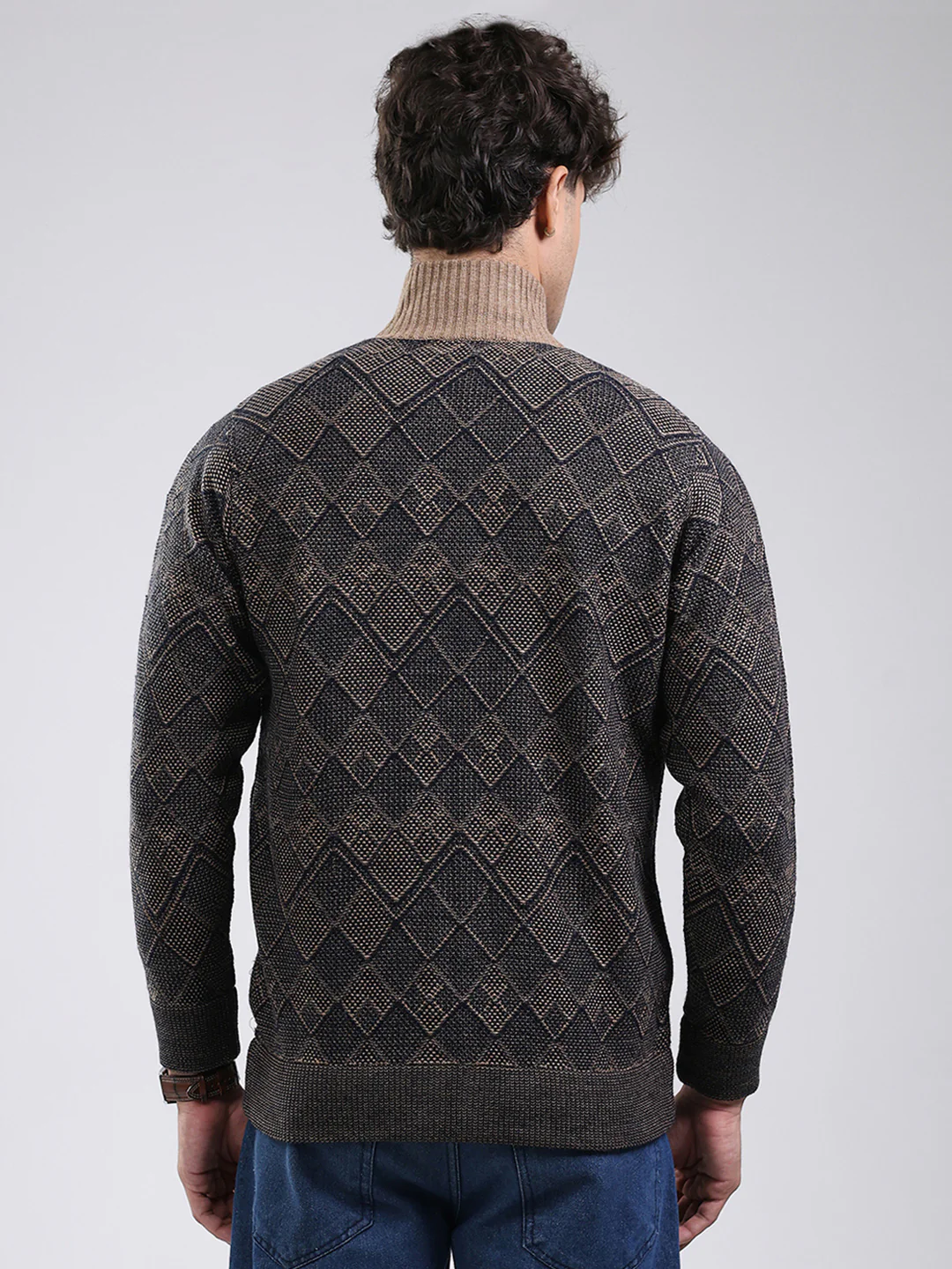 Men Navy Blue Self Design Mock Neck Full Sleeve Jacket - Image 5