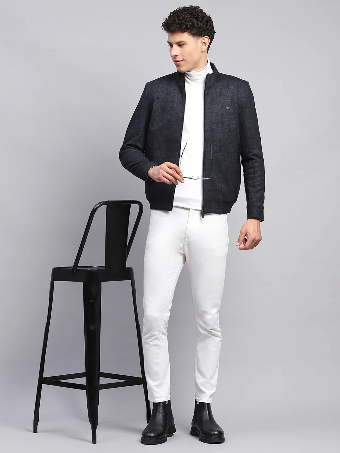 Men Navy Blue Self Design Mock Neck Full Sleeve Jacket - Image 2