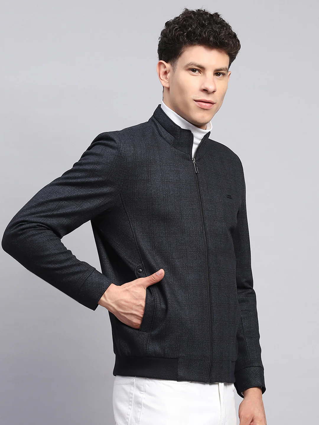 Men Navy Blue Self Design Mock Neck Full Sleeve Jacket - Image 4