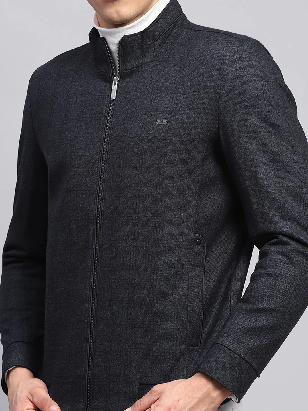 Men Navy Blue Self Design Mock Neck Full Sleeve Jacket - Image 6
