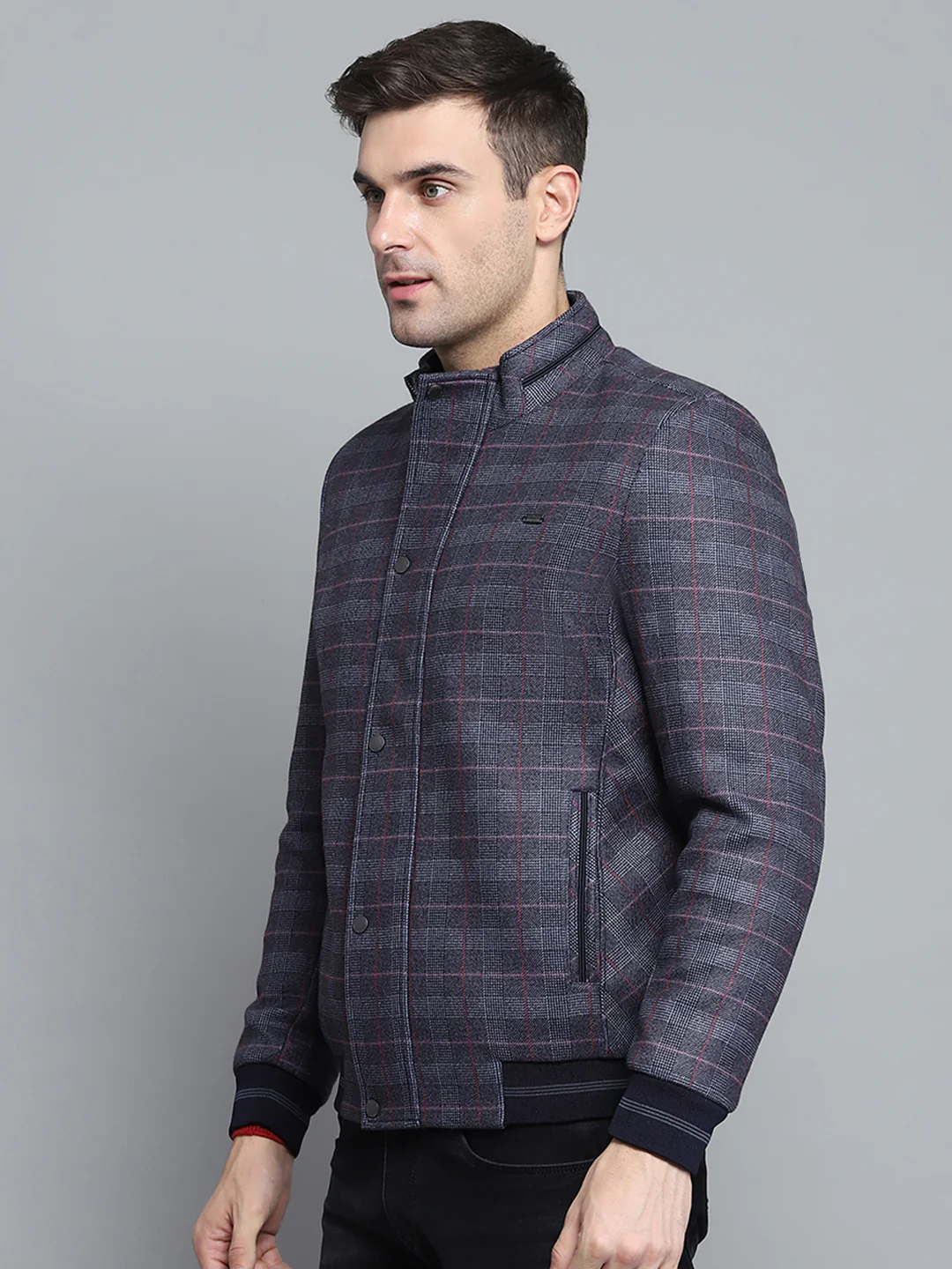 Men Navy Blue Self Design Mock Neck Full Sleeve Jacket - Image 3
