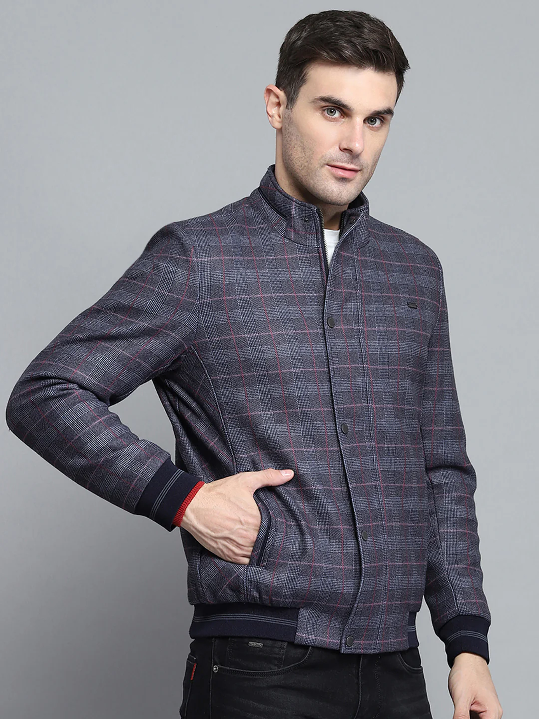 Men Navy Blue Self Design Mock Neck Full Sleeve Jacket - Image 4