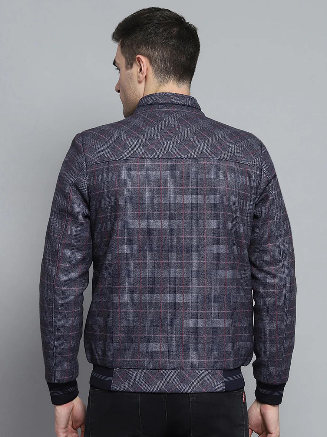 Men Navy Blue Self Design Mock Neck Full Sleeve Jacket - Image 5
