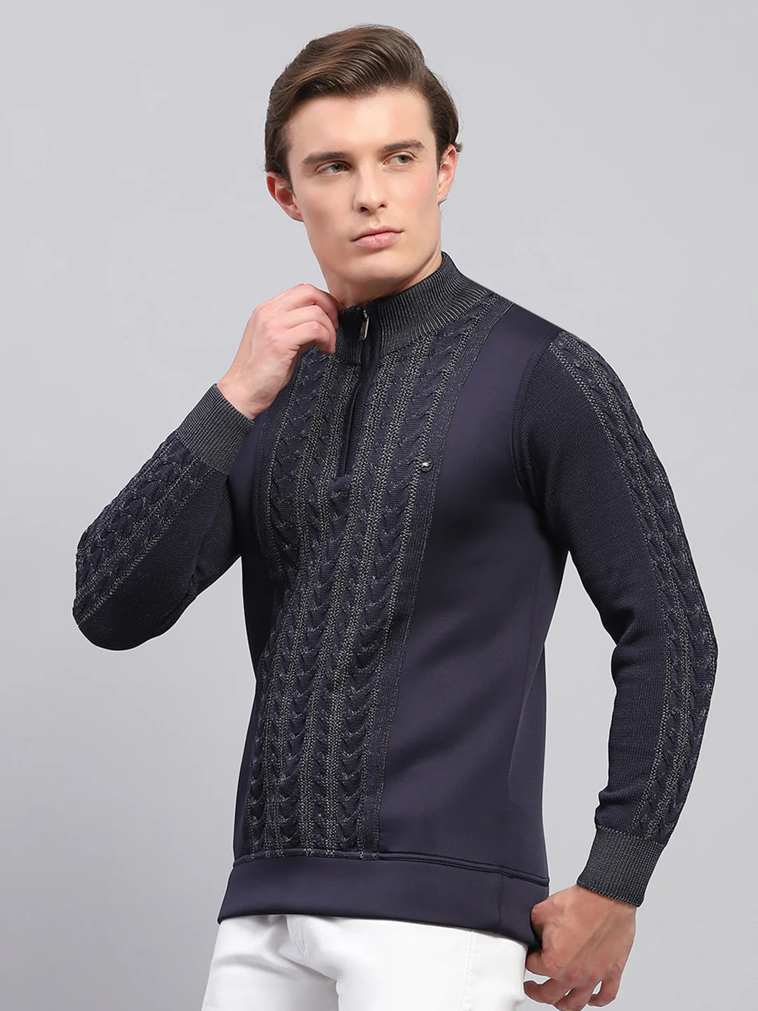 Men Navy Blue Self Design Mock Neck Full Sleeve Pullover - Image 3