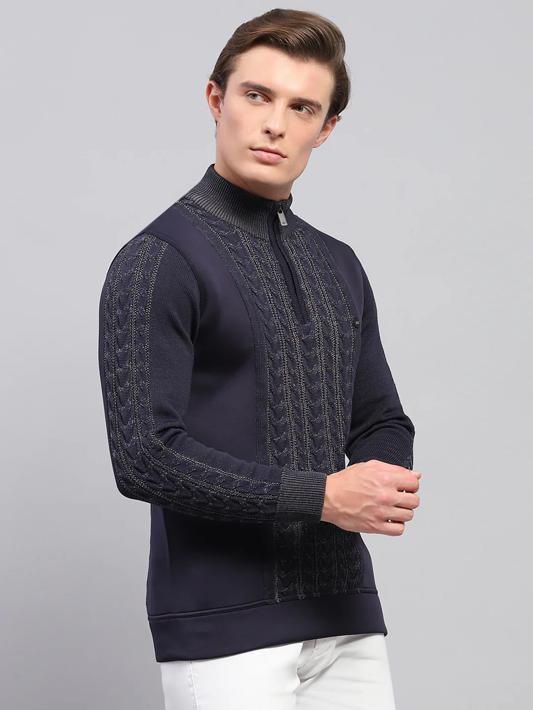 Men Navy Blue Self Design Mock Neck Full Sleeve Pullover - Image 4