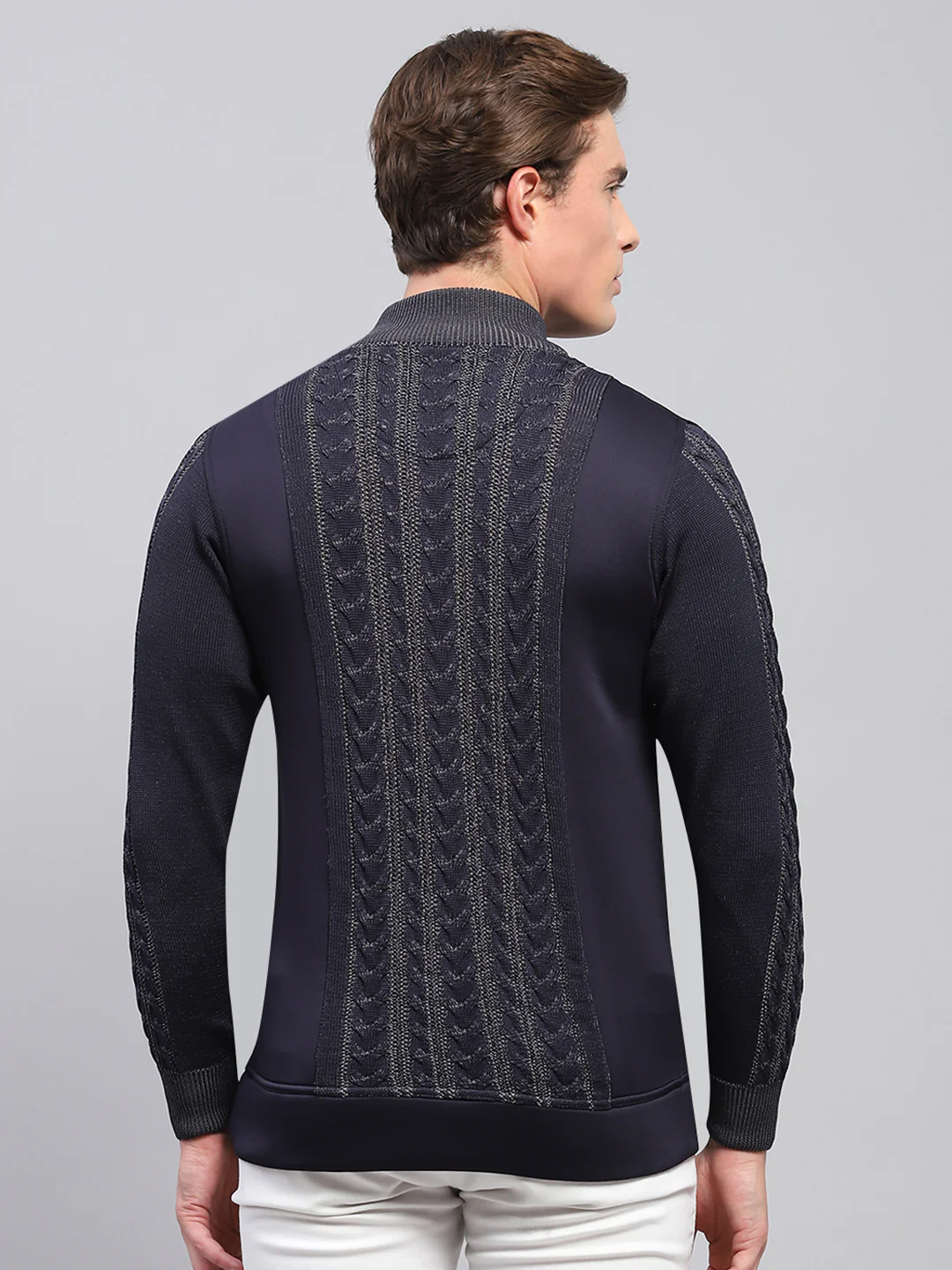 Men Navy Blue Self Design Mock Neck Full Sleeve Pullover - Image 5