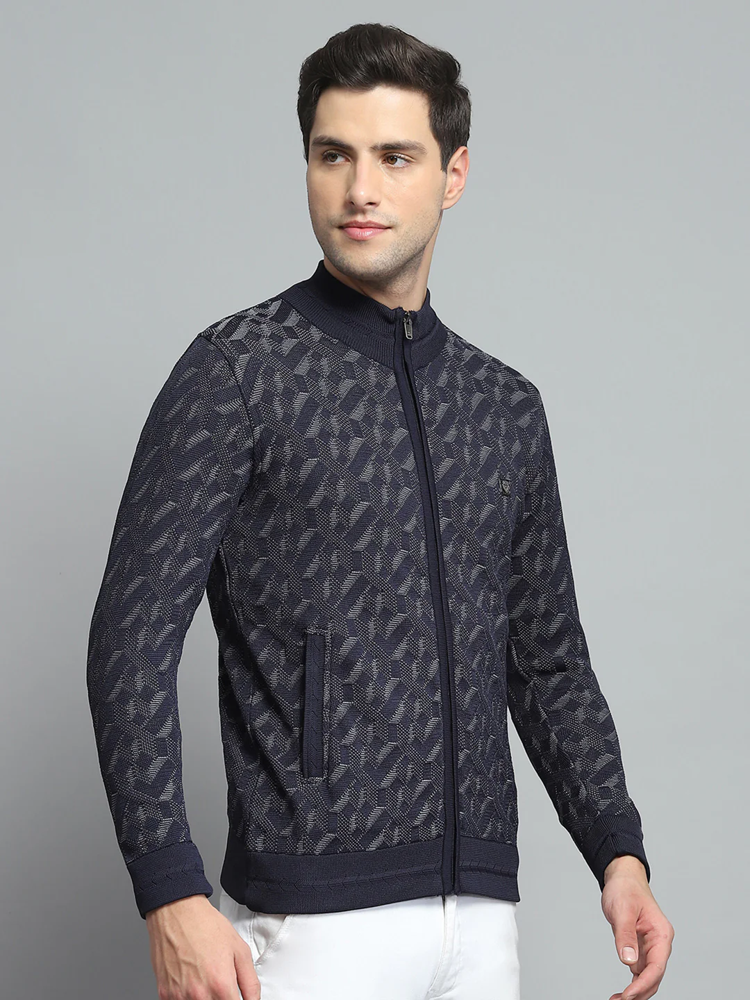 Men Navy Blue Self Design Mock Neck Full Sleeve Pullover - Image 4