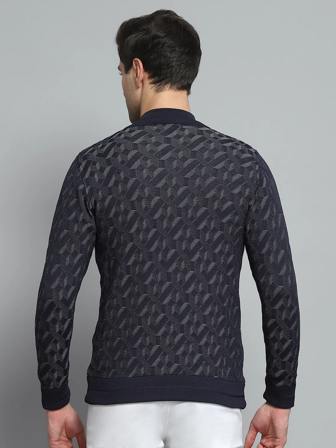 Men Navy Blue Self Design Mock Neck Full Sleeve Pullover - Image 5