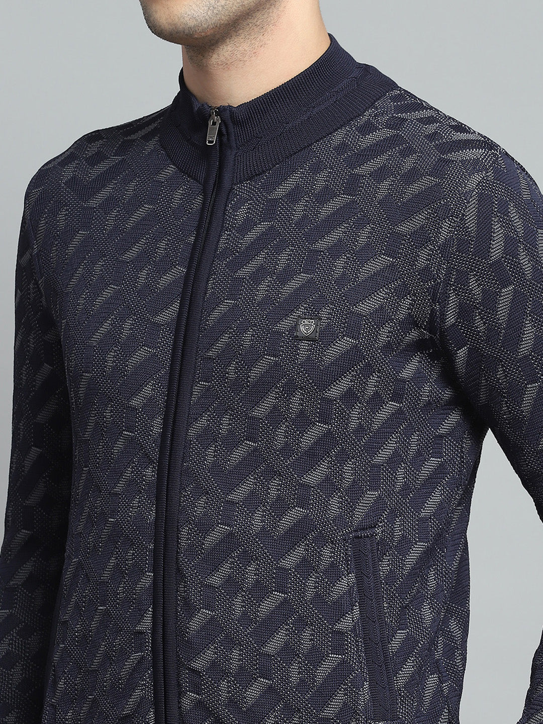 Men Navy Blue Self Design Mock Neck Full Sleeve Pullover - Image 6