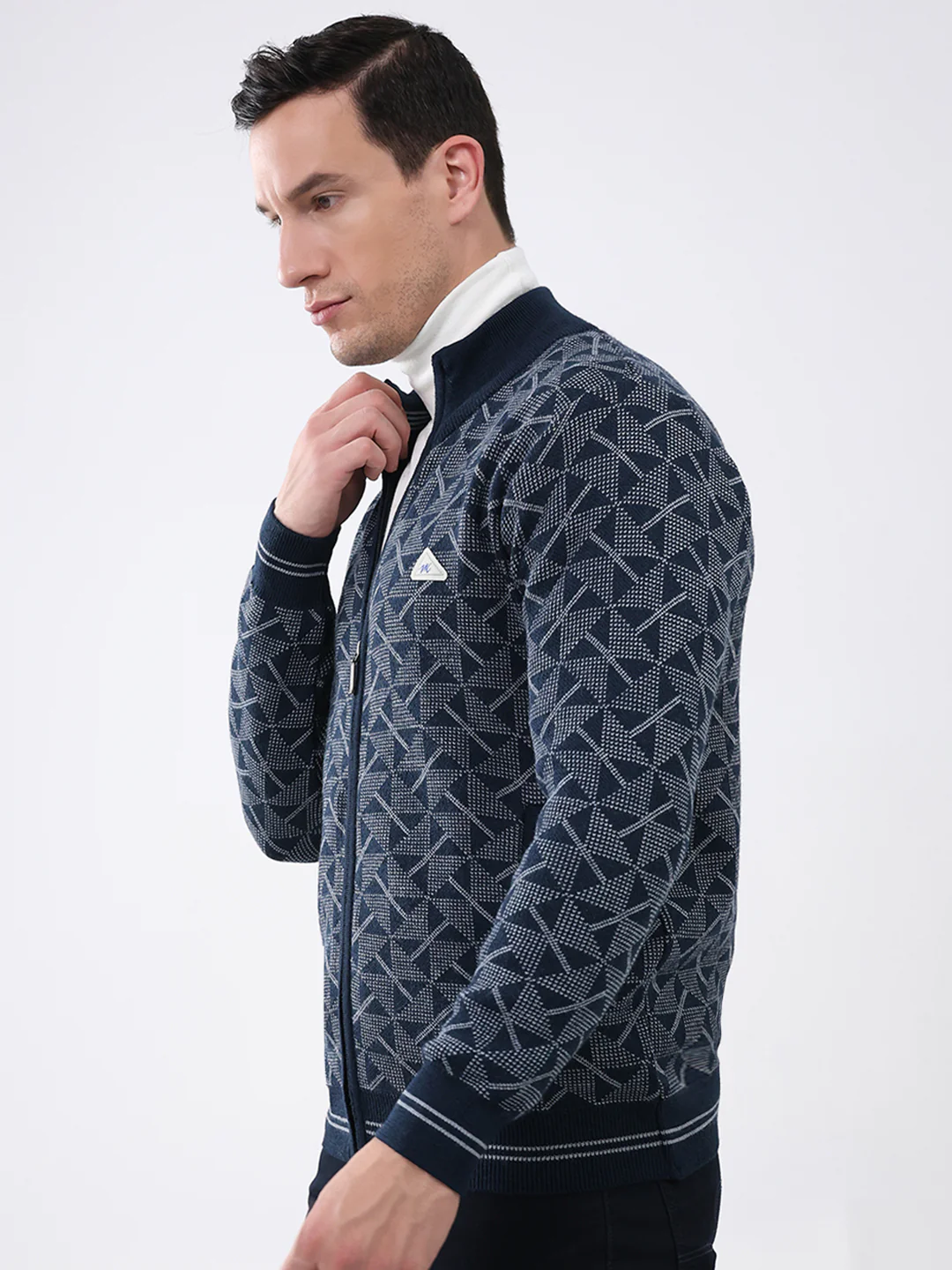 Men Navy Blue Self Design Mock Neck Full Sleeve Pullover - Image 3