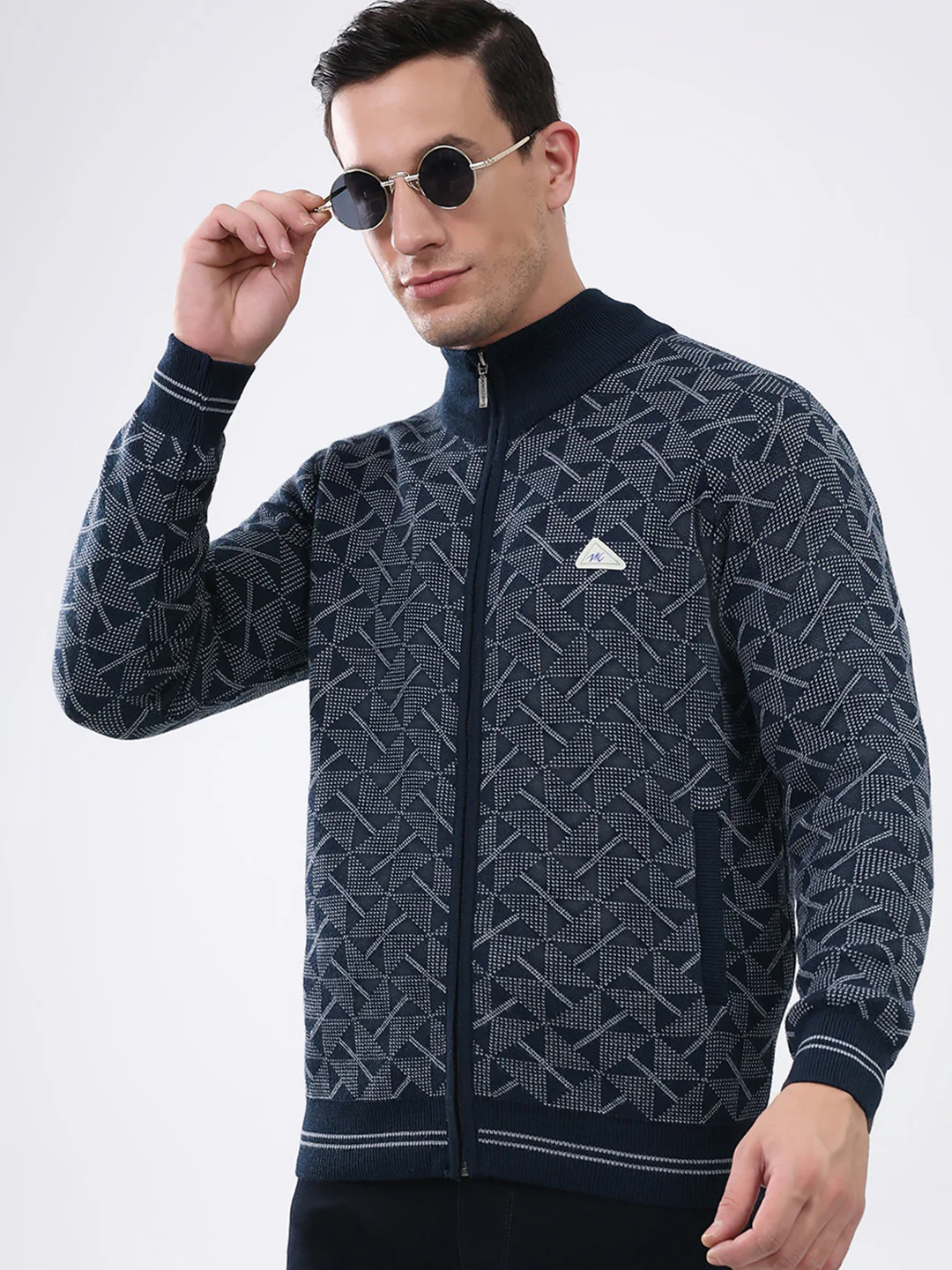 Men Navy Blue Self Design Mock Neck Full Sleeve Pullover - Image 6