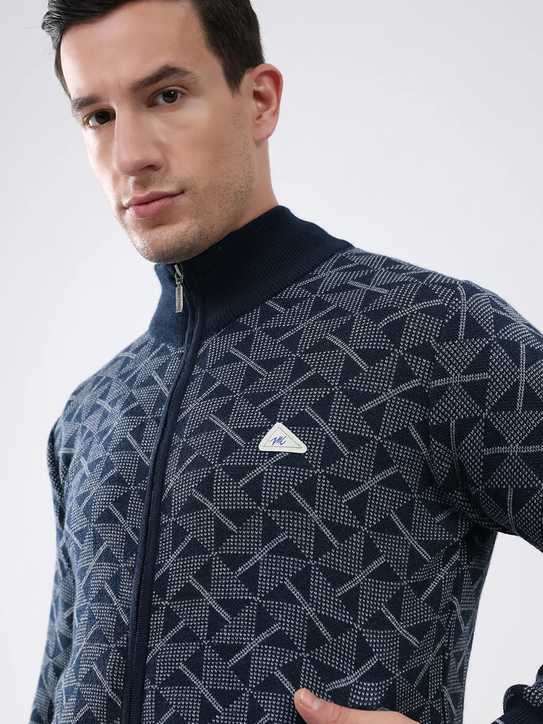 Men Navy Blue Self Design Mock Neck Full Sleeve Pullover - Image 7