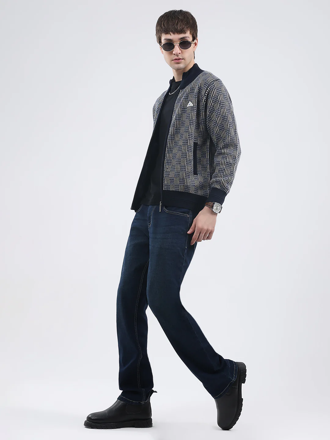 Men Navy Blue Self Design Mock Neck Full Sleeve Pullover - Image 2
