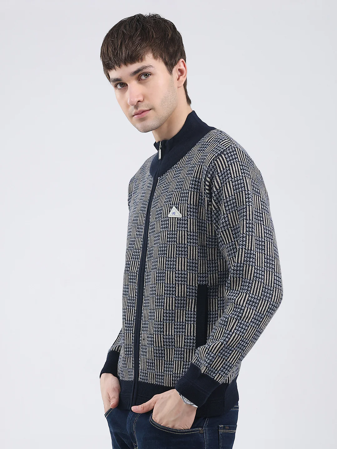 Men Navy Blue Self Design Mock Neck Full Sleeve Pullover - Image 3