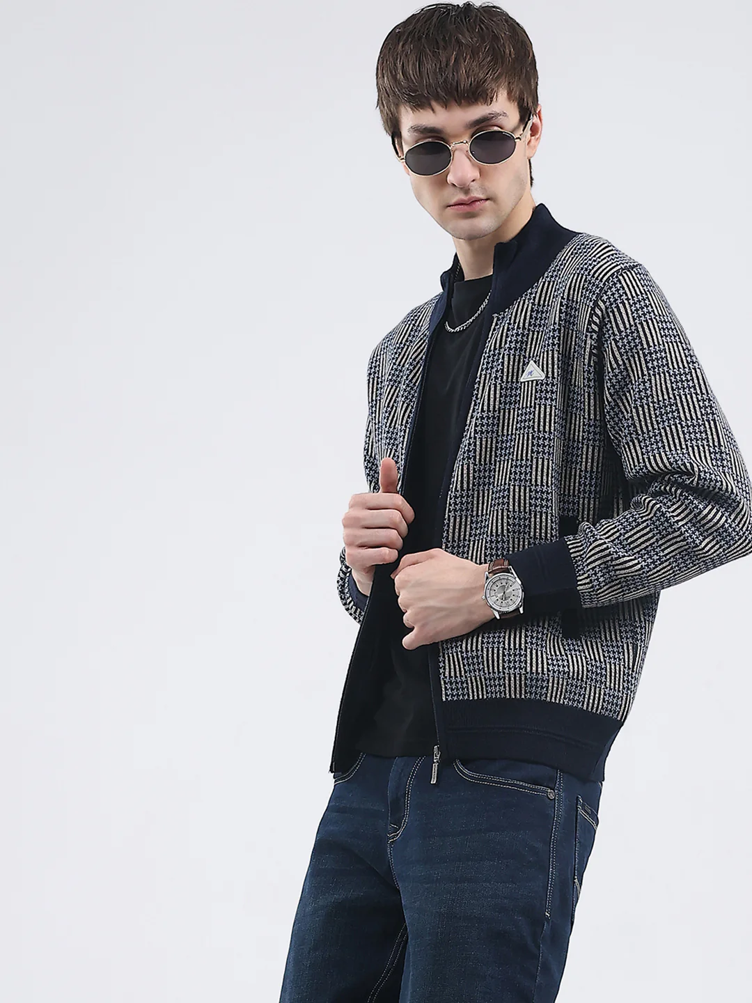 Men Navy Blue Self Design Mock Neck Full Sleeve Pullover - Image 6