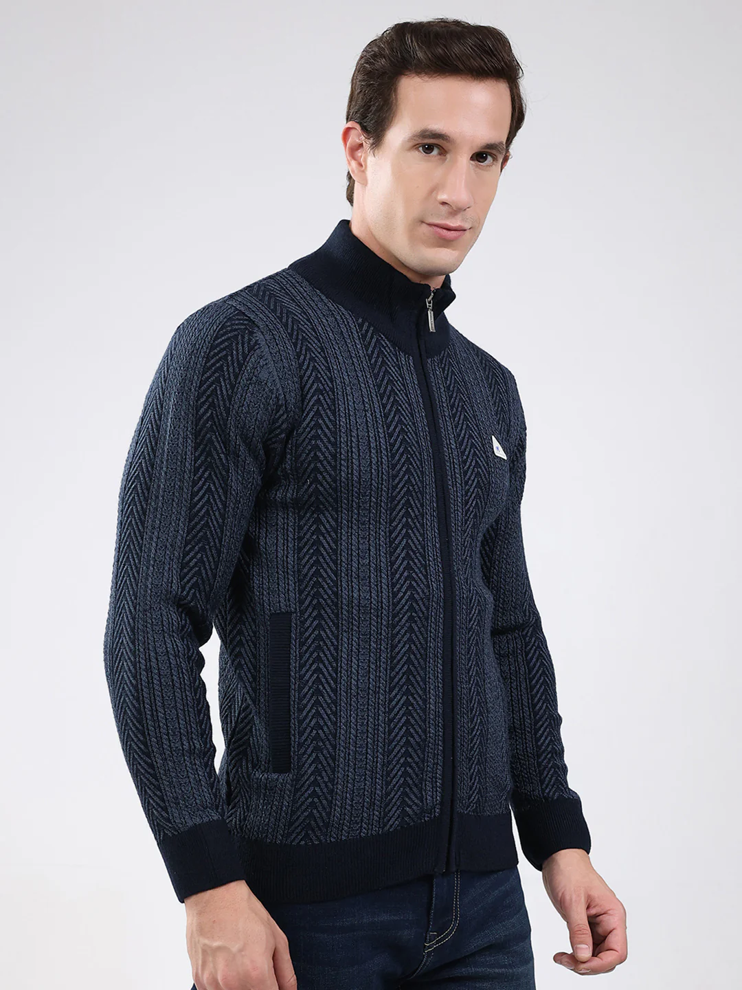 Men Navy Blue Self Design Mock Neck Full Sleeve Pullover - Image 4