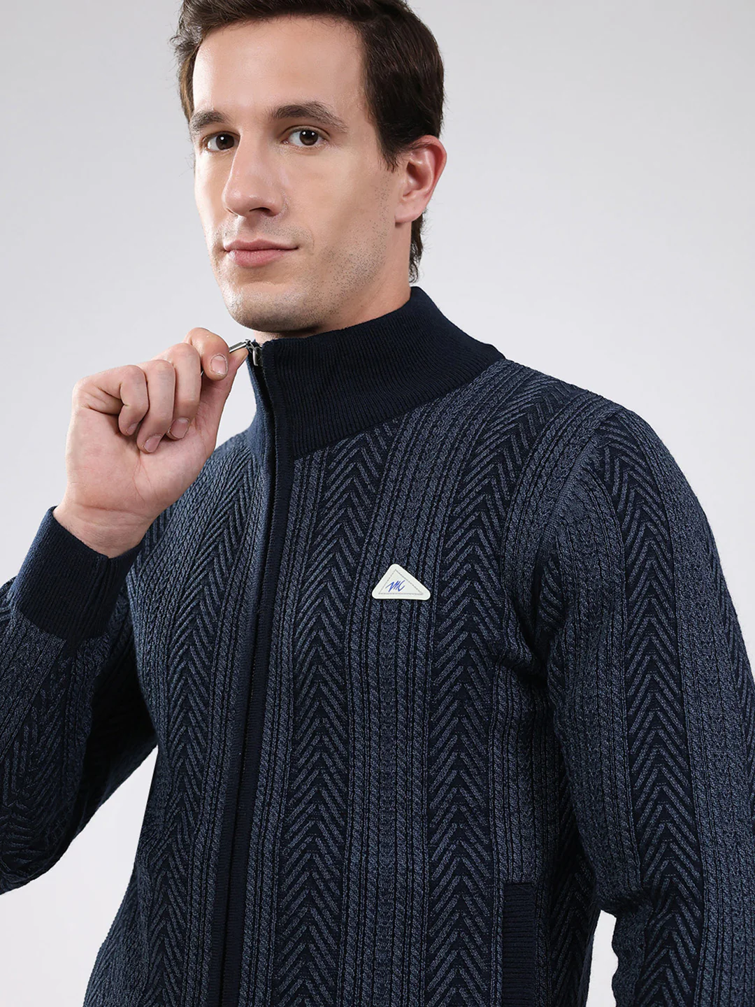 Men Navy Blue Self Design Mock Neck Full Sleeve Pullover - Image 7