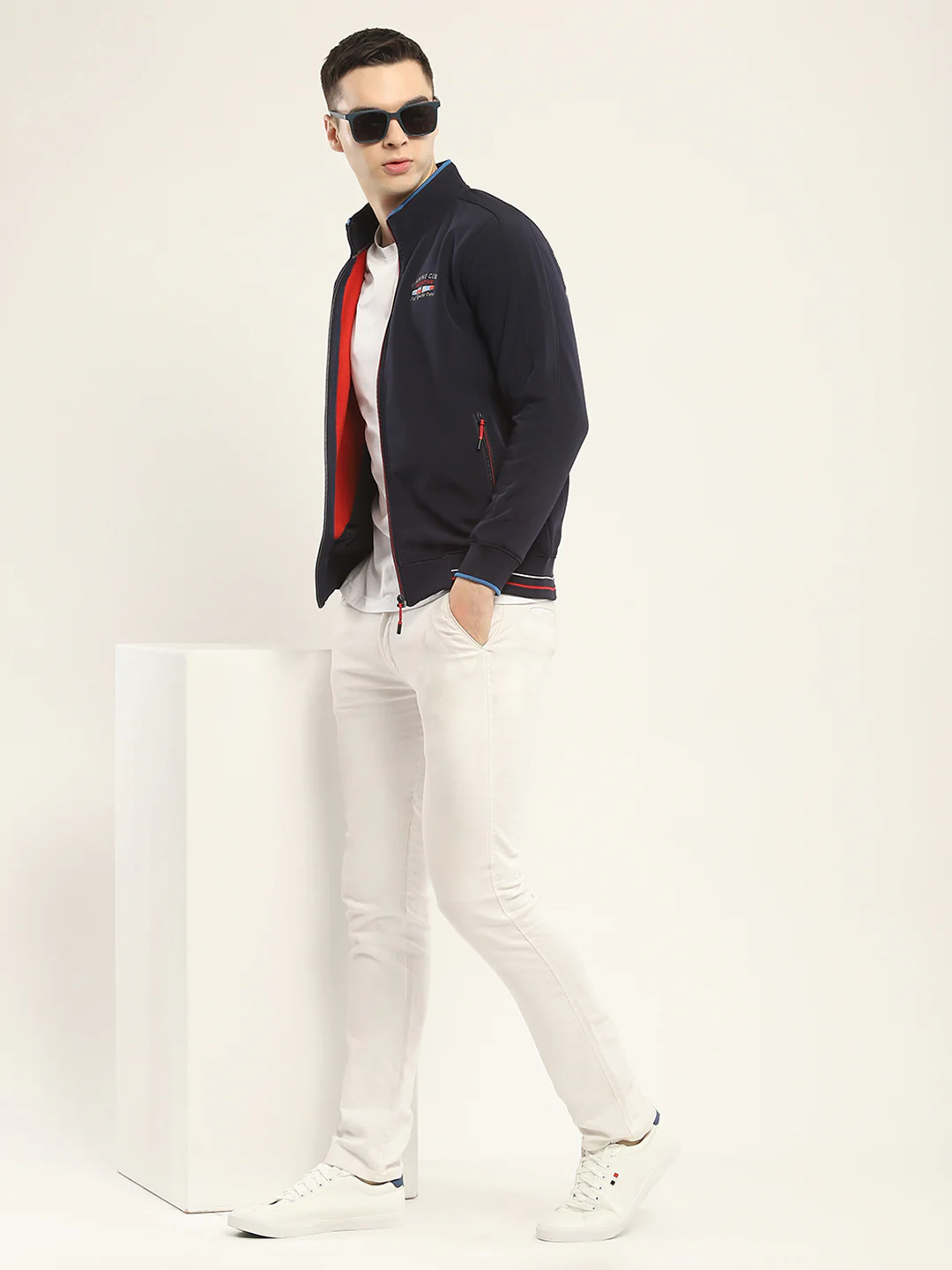Men Navy Blue Self Design Mock Neck Full Sleeve Sweatshirt - Image 2