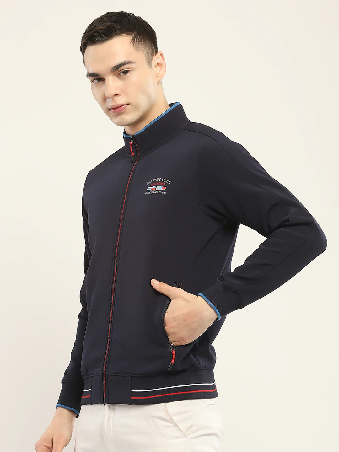 Men Navy Blue Self Design Mock Neck Full Sleeve Sweatshirt - Image 3