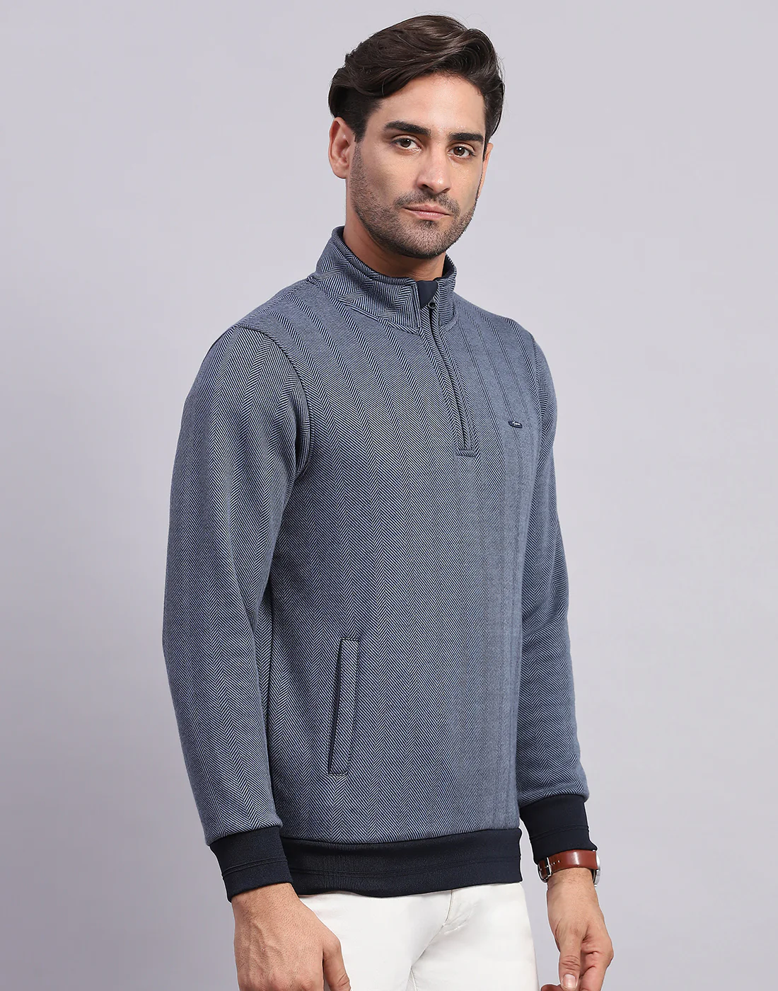 Men Navy Blue Self Design Mock Neck Full Sleeve Sweatshirt - Image 4
