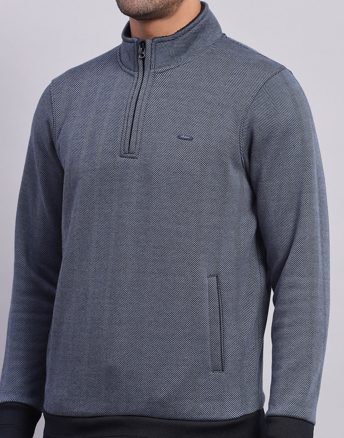 Men Navy Blue Self Design Mock Neck Full Sleeve Sweatshirt - Image 6