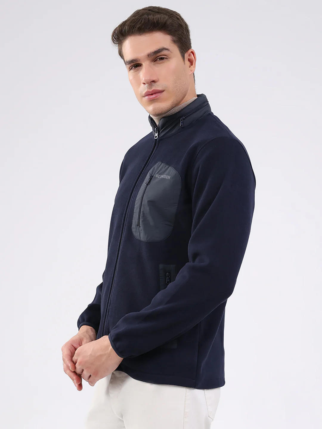 Men Navy Blue Self Design Mock Neck Full Sleeve Sweatshirt - Image 3