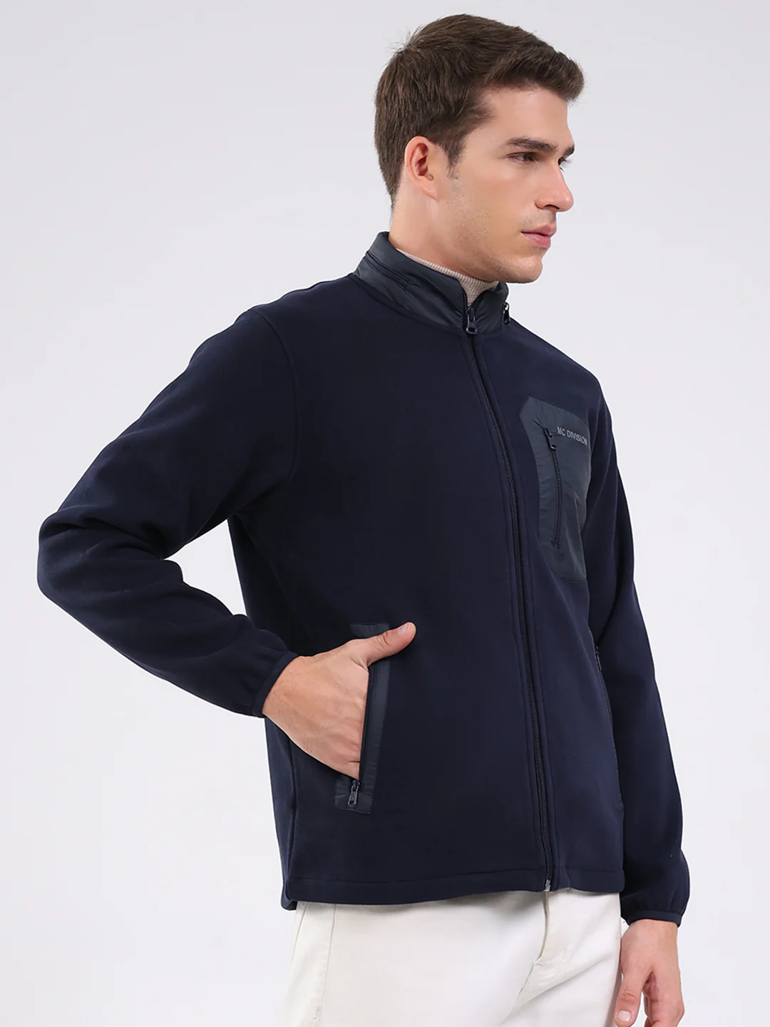 Men Navy Blue Self Design Mock Neck Full Sleeve Sweatshirt - Image 4