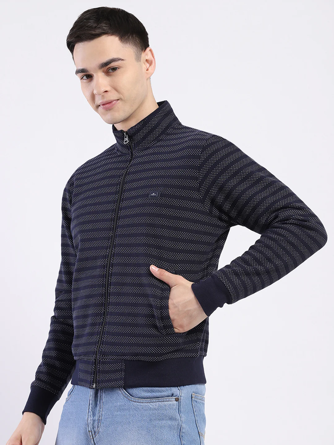 Men Navy Blue Self Design Mock Neck Full Sleeve Sweatshirt - Image 3