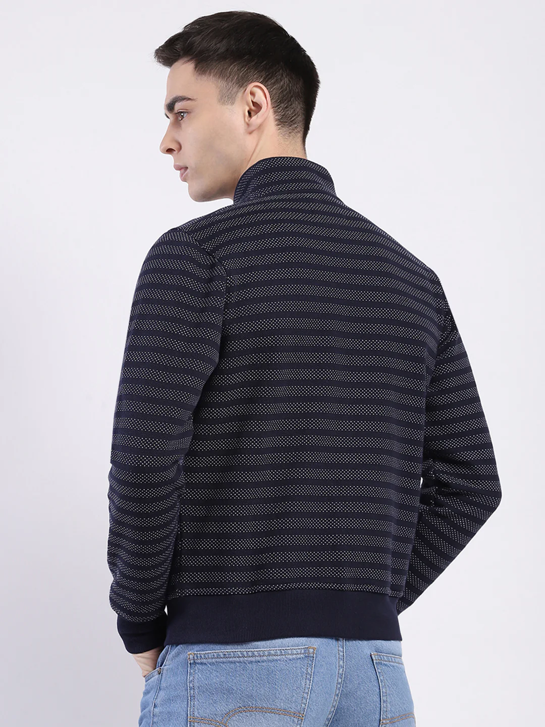 Men Navy Blue Self Design Mock Neck Full Sleeve Sweatshirt - Image 5