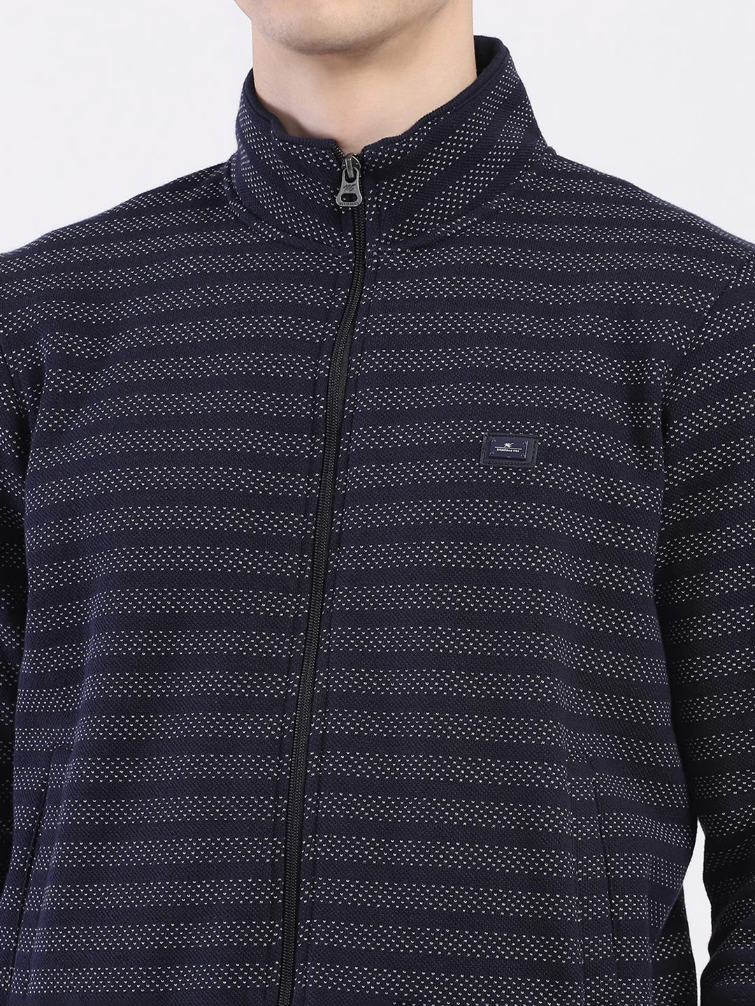 Men Navy Blue Self Design Mock Neck Full Sleeve Sweatshirt - Image 6