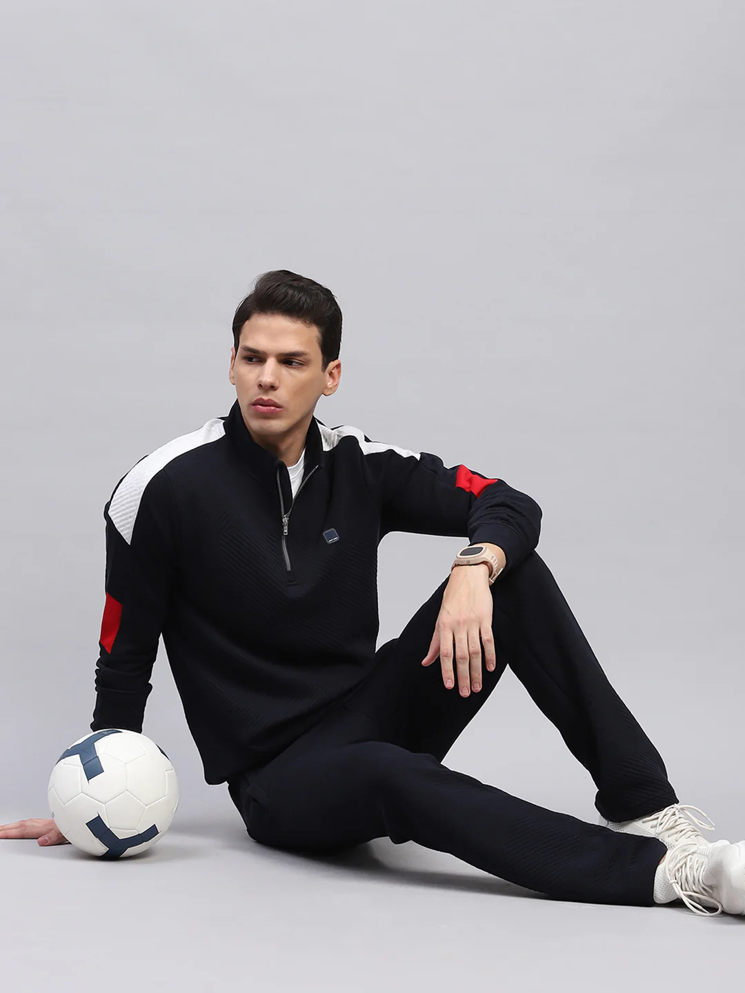 Men Navy Blue Self Design Mock Neck Full Sleeve Winter T-Shirt - Image 2