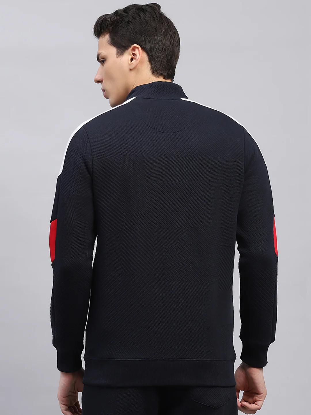 Men Navy Blue Self Design Mock Neck Full Sleeve Winter T-Shirt - Image 5