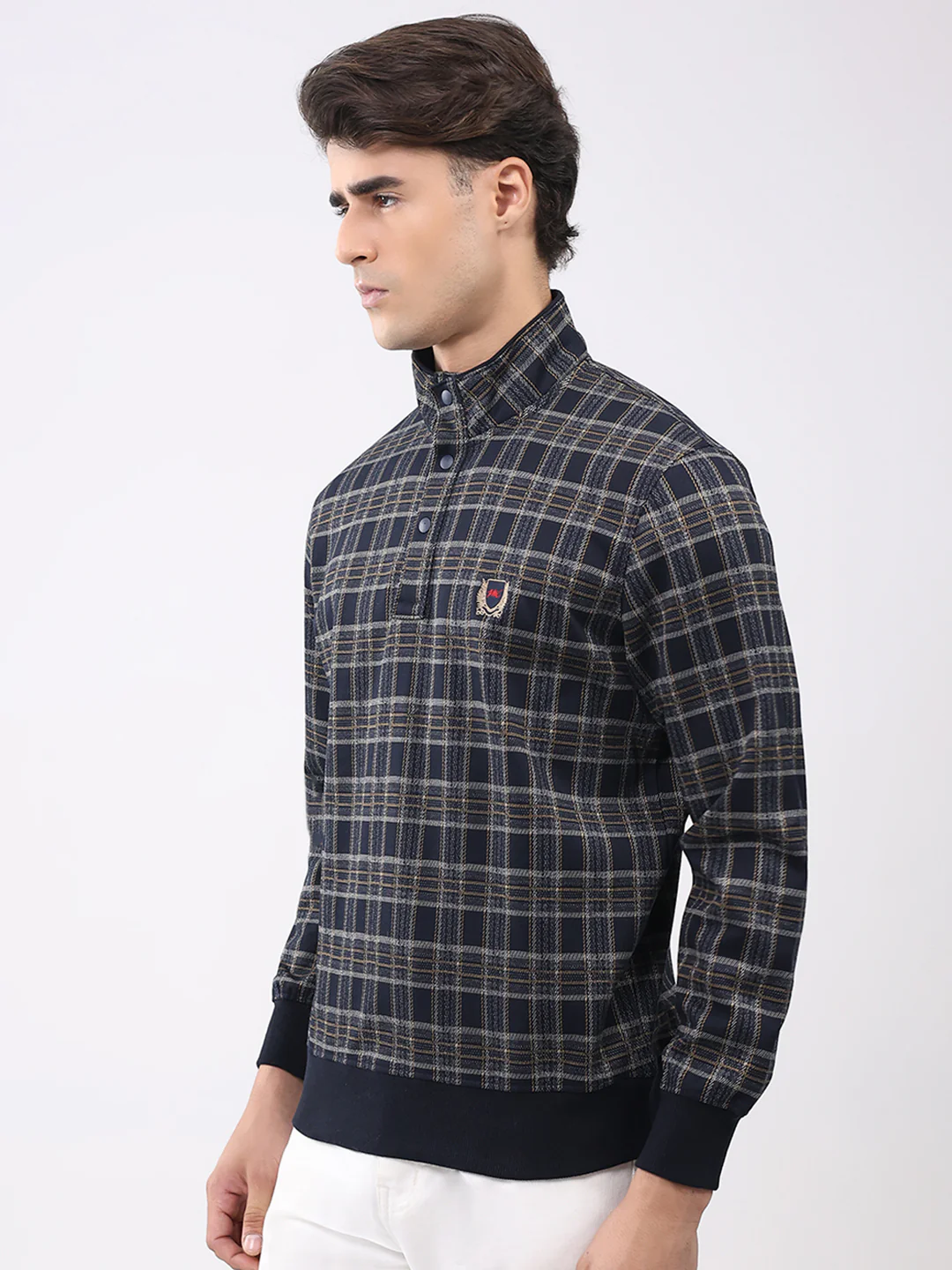 Men Navy Blue Self Design Mock Neck Full Sleeve Winter T-Shirt - Image 3