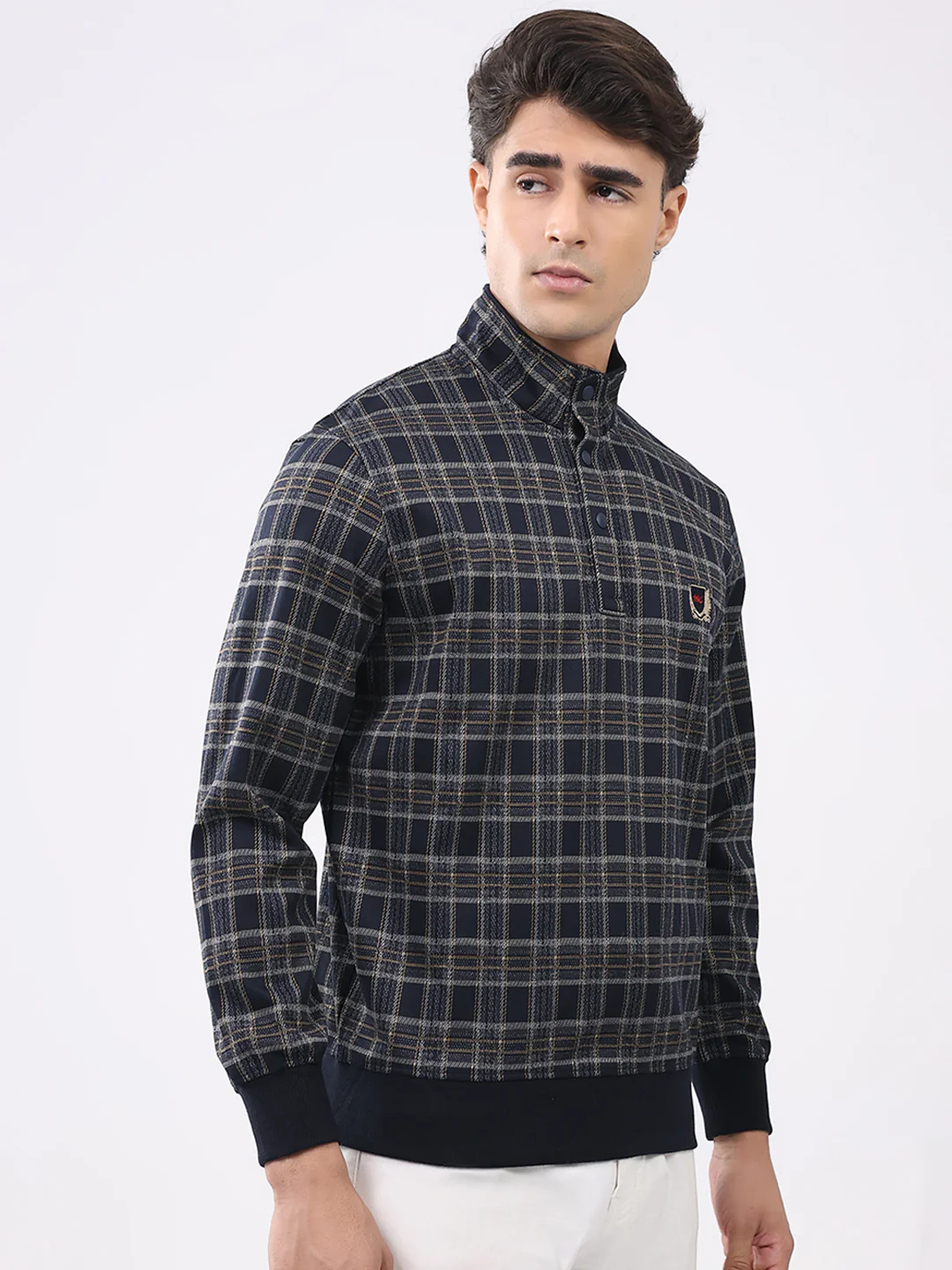 Men Navy Blue Self Design Mock Neck Full Sleeve Winter T-Shirt - Image 4
