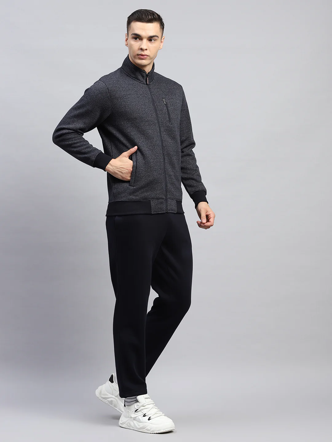 Men Navy Blue Self Design Mock Neck Full Sleeve Winter Tracksuit - Image 4