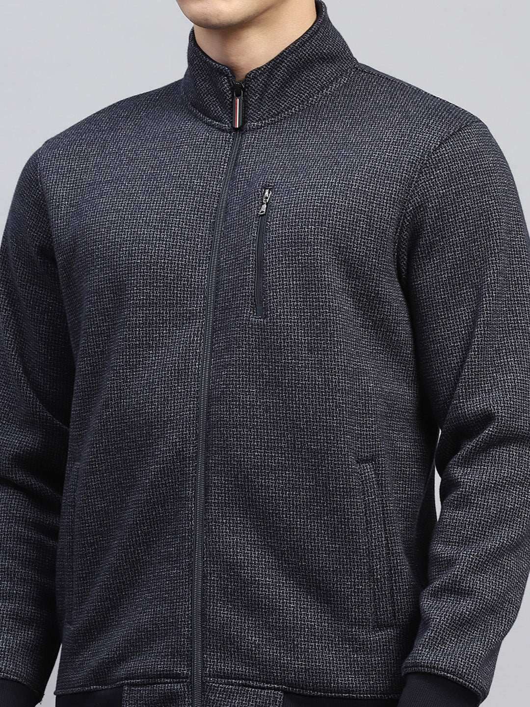 Men Navy Blue Self Design Mock Neck Full Sleeve Winter Tracksuit - Image 6