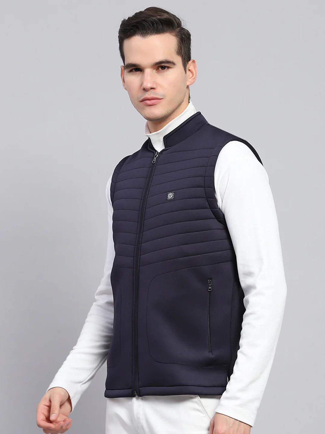 Men Navy Blue Self Design Mock Neck Sleeveless Jacket - Image 3