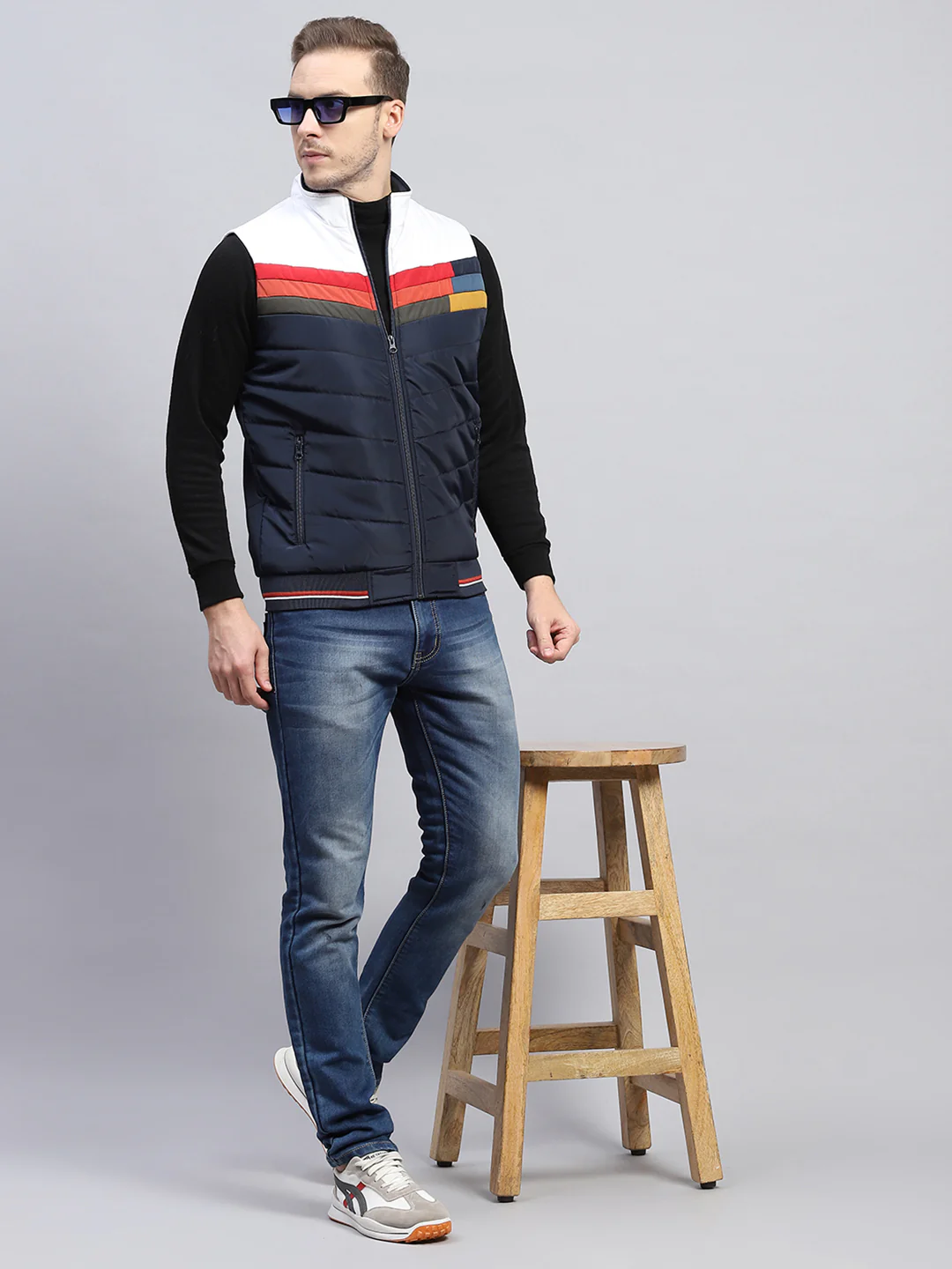 Men Navy Blue Self Design Mock Neck Sleeveless Jacket - Image 2