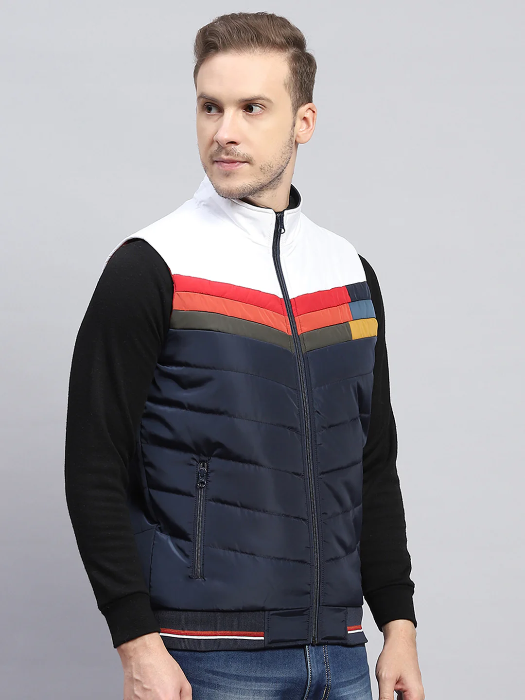 Men Navy Blue Self Design Mock Neck Sleeveless Jacket - Image 4