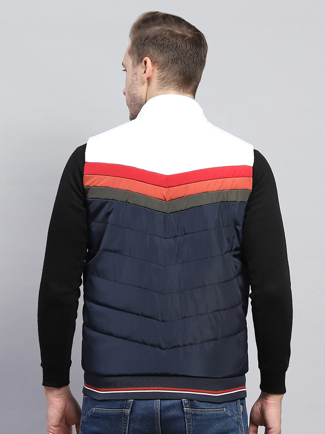 Men Navy Blue Self Design Mock Neck Sleeveless Jacket - Image 5