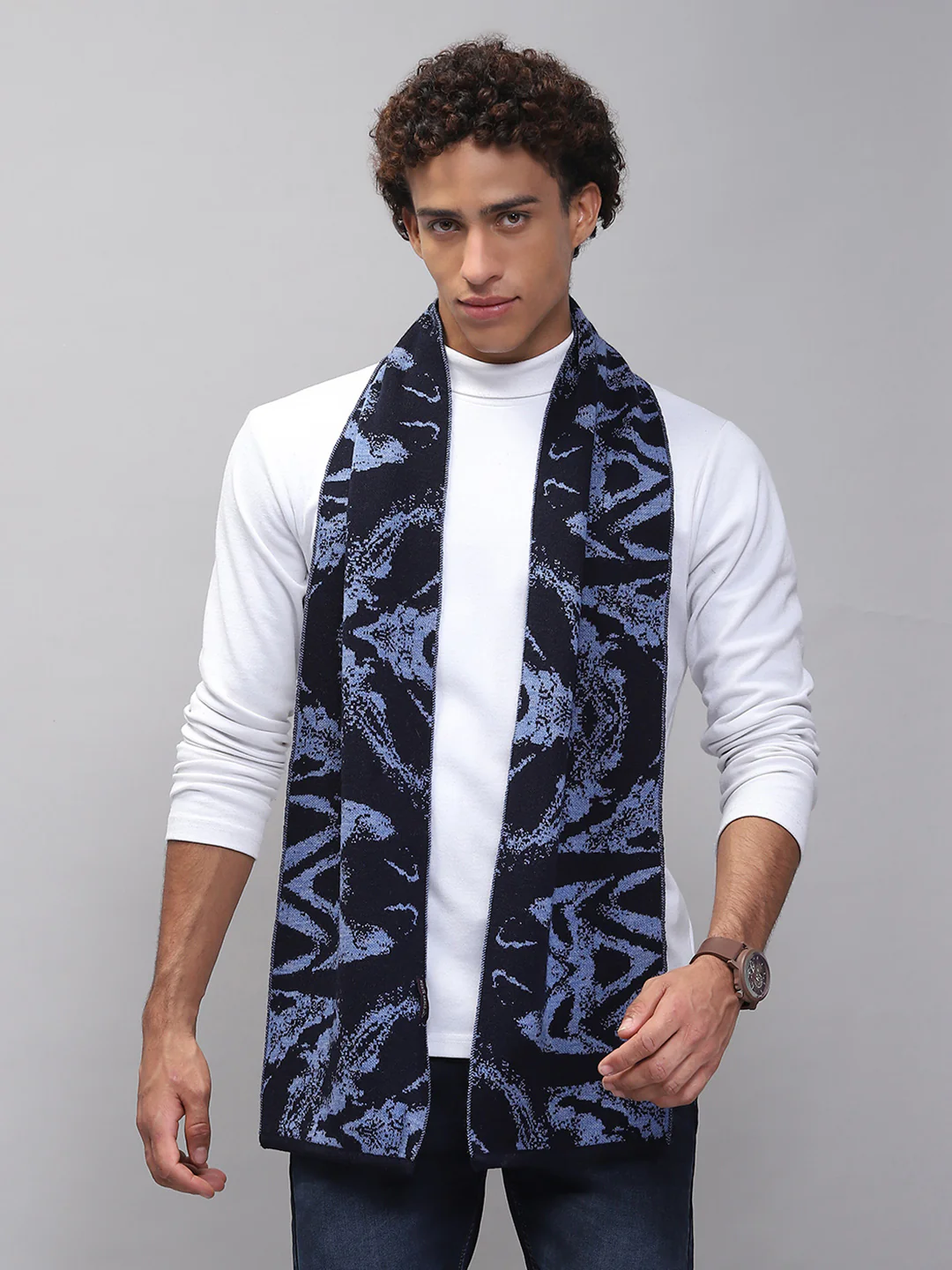 Men Navy Blue Self Design Muffler - Image 5