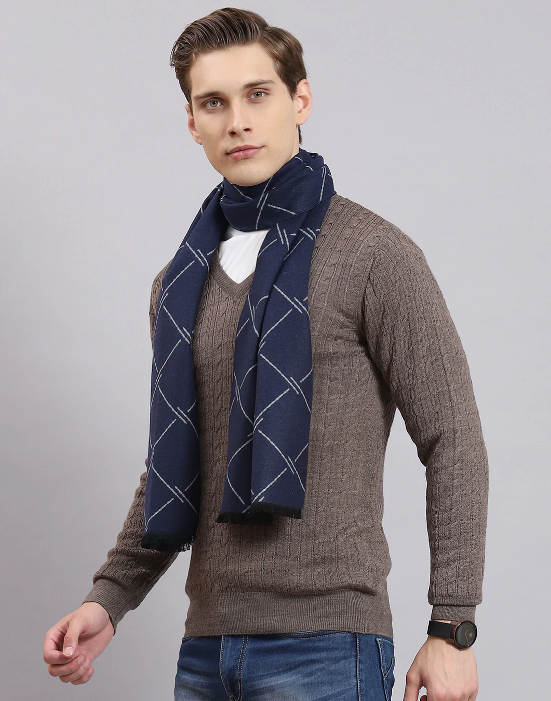Men Navy Blue Self Design Muffler - Image 4