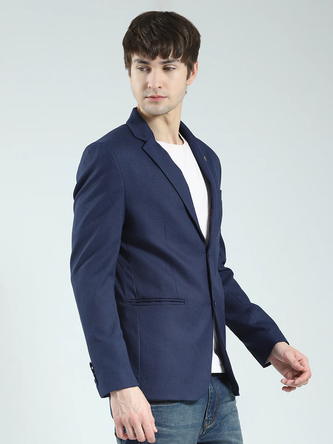 Men Navy Blue Self Design Notch Lapel Collar Full Sleeve Blazer - Image 4